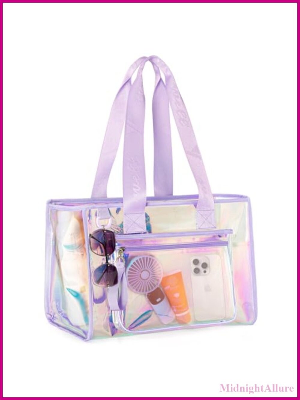 Iridescent Beach Tote Bag with Front Phone Pouch PVC Foldable Washable